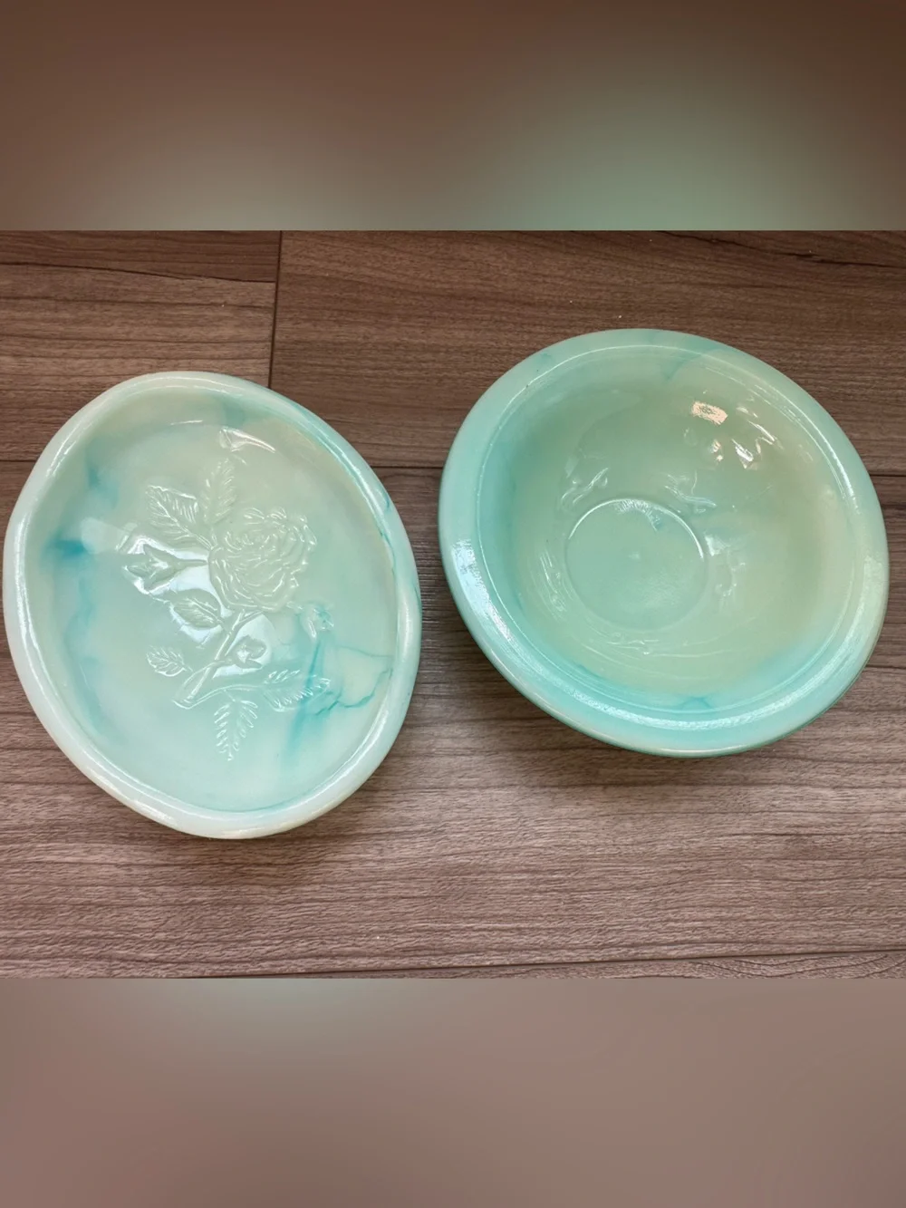 vintage 1970s Avon soap dish & bowl slag glass teal white jadeite-like finish